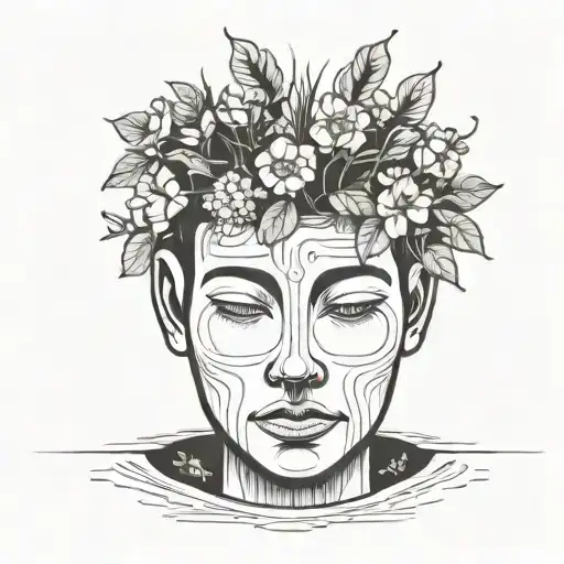 head poking out of a plant pot with soil on top of the head and flowers growing out of it. using thick black lines. tattoo design idea