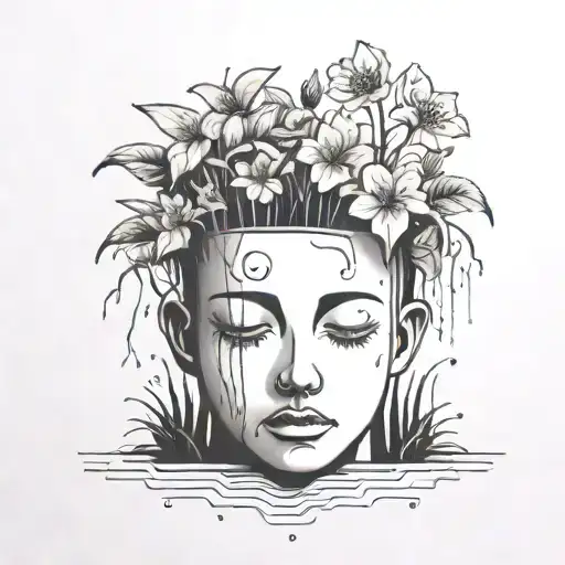 head poking out of a plant pot with soil on top of the head and flowers growing out of it. using thick black lines. tattoo design idea