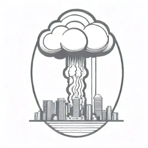 an abstract nuclear explosion mushroom cloud destroying a city in an abstract black line frame tattoo design idea