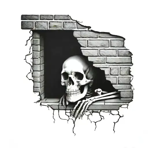 a skeleton hiding and stuck in a brick wall. black and white. tattoo design idea