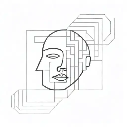 a human head laying back on a pillow with geometric shapes like a maze coming out of the top of his head tattoo design idea