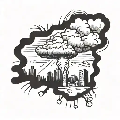 a nuclear explosion mushroom cloud destroying a city in a rectangular picture frame hanging on a wall tattoo design idea