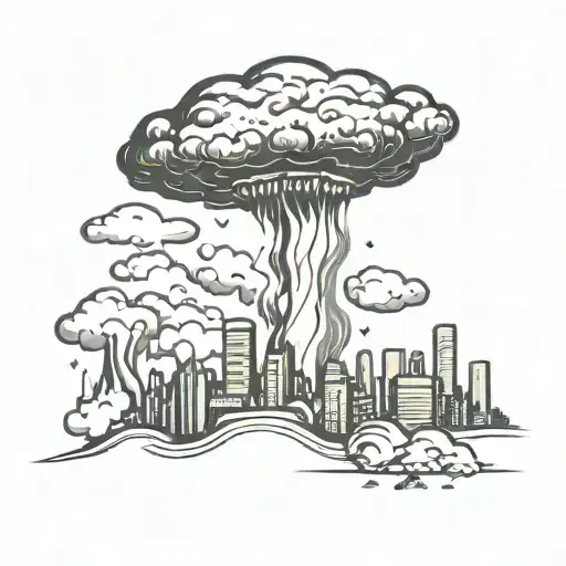 a mushroom cloud from a nuclear explosion destroying a major city within an abstract frame tattoo design idea