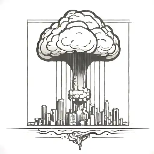 an abstract nuclear explosion mushroom cloud destroying a major city in an abstract black line frame tattoo design idea