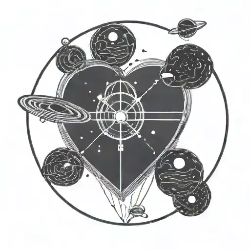 a satellite shaped like a love heart in space enshrouded by a circle tattoo design idea
