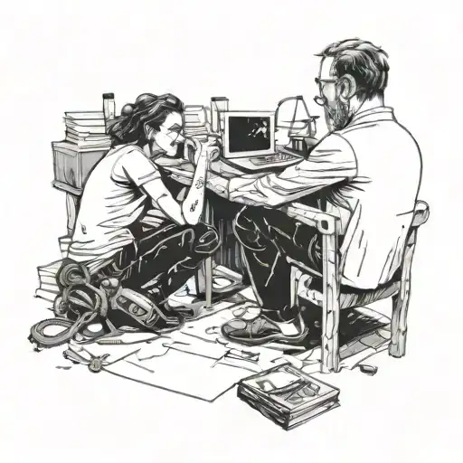 A psychotherapy session taking place in a post-apocalyptic setting, with the therapist and patient surrounded by remnants of the old world tattoo design idea