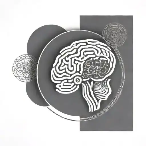 a brain inside a circular frame with geometric patterns shooting from it tattoo design idea