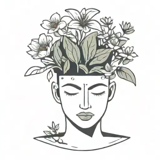 head poking out of a plant pot with soil on top of the head and flowers growing out of it. using thick black lines. tattoo design idea