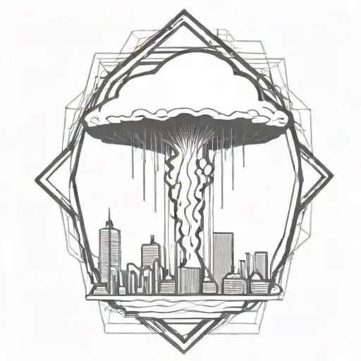 an abstract nuclear explosion mushroom cloud destroying a city in an abstract black line frame tattoo design idea