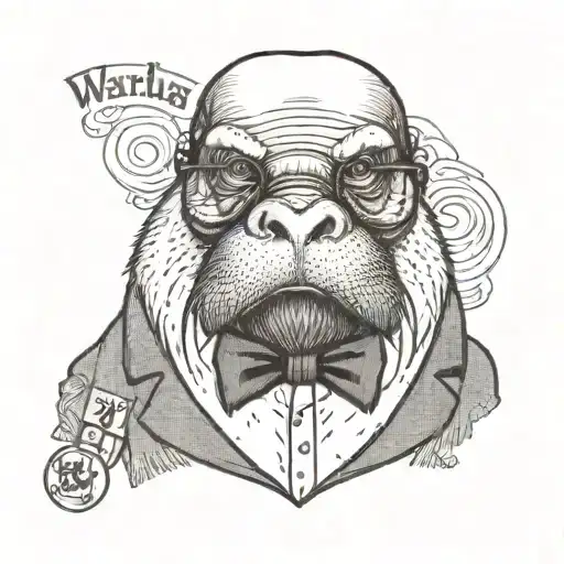 a walrus dressed as a businessman with glasses and a nametag that says 'warlus' tattoo design idea