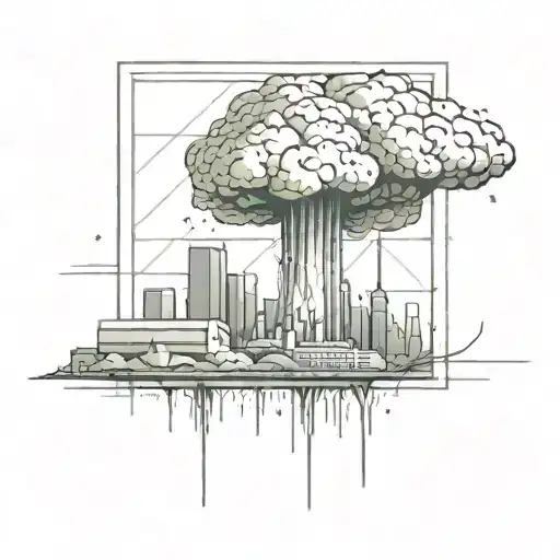 a nuclear explosion mushroom cloud destroying a city in a rectangular picture frame hanging on a wall tattoo design idea