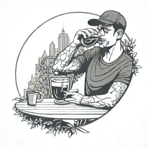 a very simple line illustration of a close up person drinking sangria in a park within a perfect circle tattoo design idea