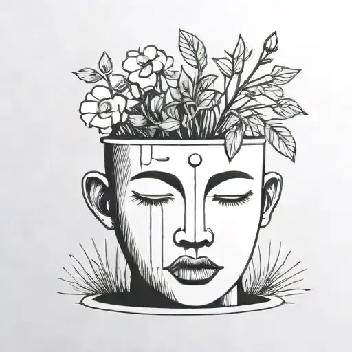 head poking out of a plant pot with soil on top of the head and flowers growing out of it. using thick black lines. tattoo design idea