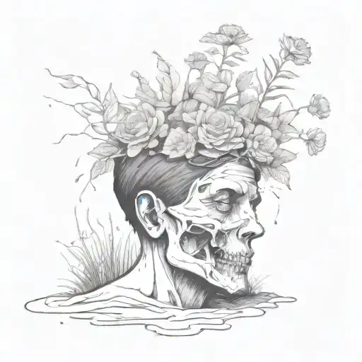 a head poking out of the soil of a muddy grave with soil on top of the head and flowers growing out of the top tattoo design idea