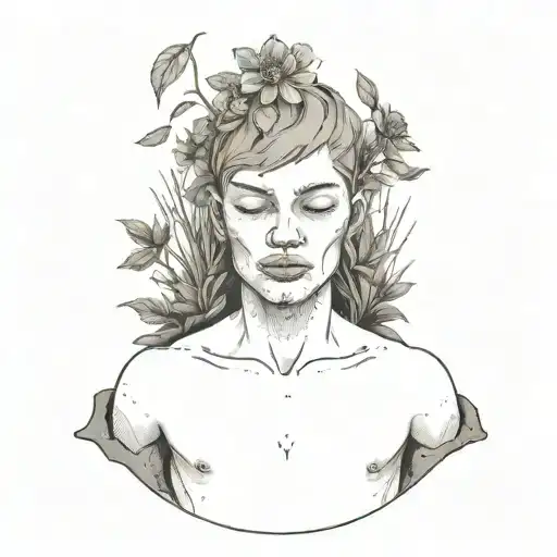 a head poking out of the soil of a muddy grave with soil on top of the head and flowers growing out of the top tattoo design idea