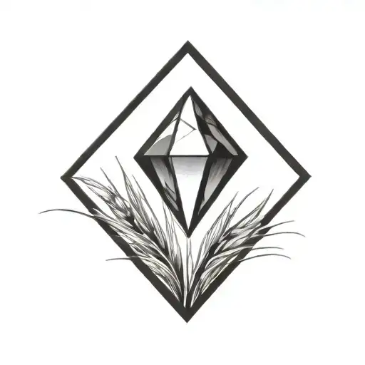 a diamond balancing on top of a single blade of grass using bold black lines in a bold black frame tattoo design idea