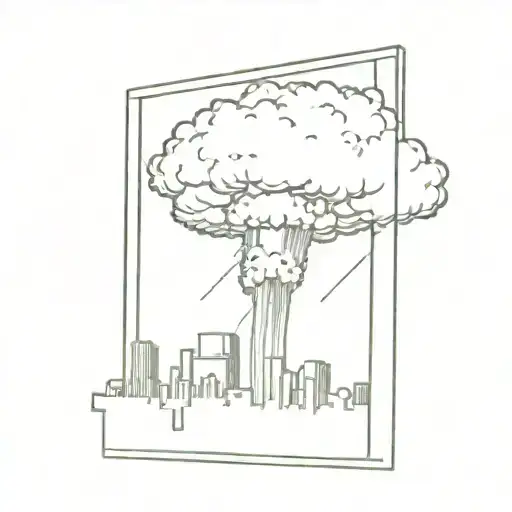a nuclear explosion mushroom cloud destroying a city in a rectangular picture frame hanging on a wall tattoo design idea