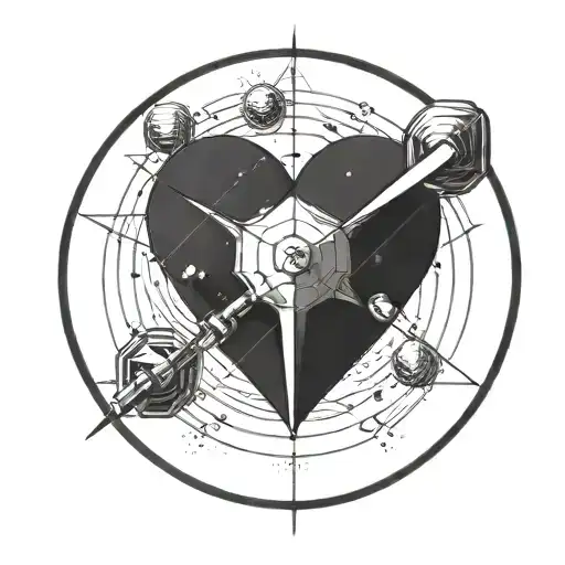 a satellite shaped like a love heart with sharp angles in space enshrouded by a circle tattoo design idea