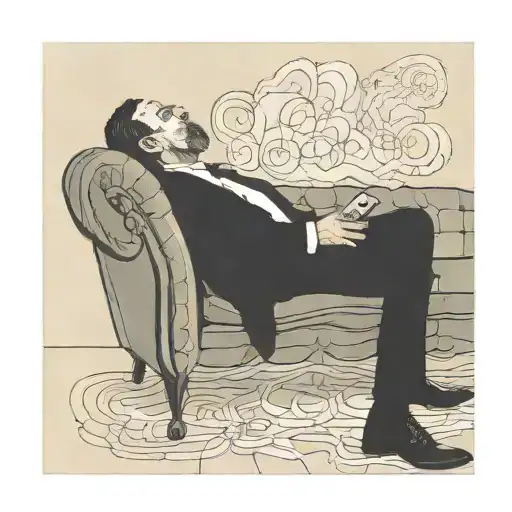 a side on view of a man laying back on a psychotherapist's sofa, staring at the ceiling, having psychoanalyisis tattoo design idea