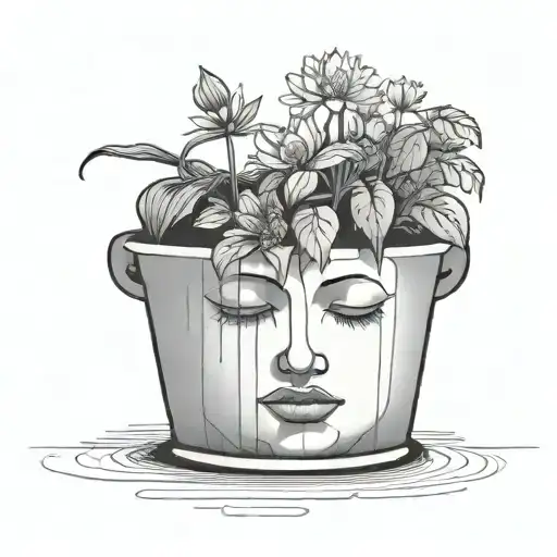 head poking out of a plant pot with soil on top of the head and flowers growing out of it. using thick black lines. tattoo design idea