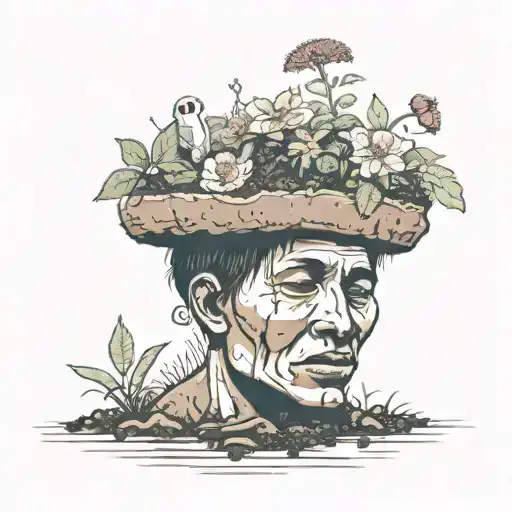 a head poking out of the soil of a muddy grave with soil on top of the head and flowers growing out of the top tattoo design idea
