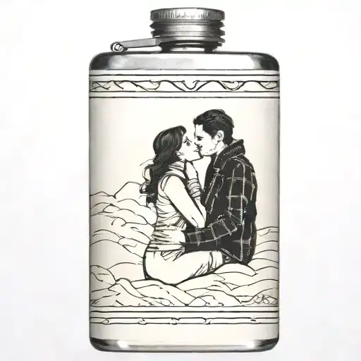 a thermos flask surrounded by deep snow with an image of a couple kissing on it tattoo design idea