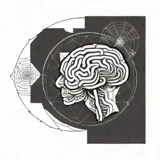a brain inside a circular frame with geometric patterns shooting from it tattoo design idea