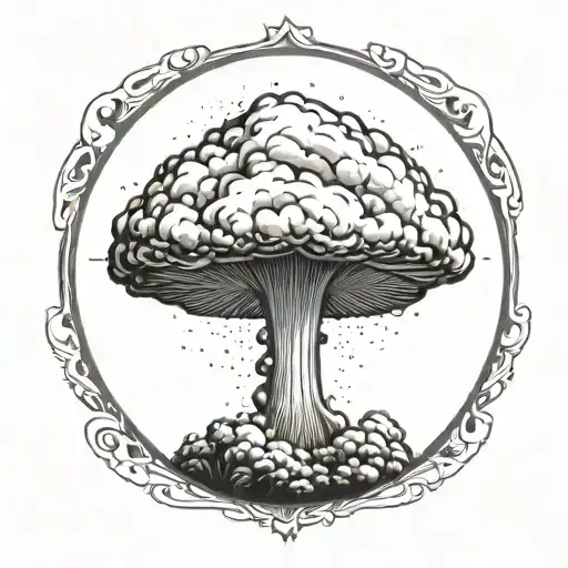 mushroom cloud from a nuclear explosion within an abstract frame but the explosion is slightly breaking out of the frame tattoo design idea