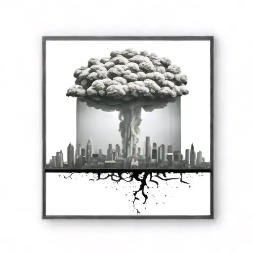 a nuclear explosion mushroom cloud destroying a city in a rectangular picture frame hanging on a wall tattoo design idea