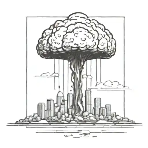 an abstract nuclear explosion mushroom cloud destroying a major city in an abstract black line frame tattoo design idea
