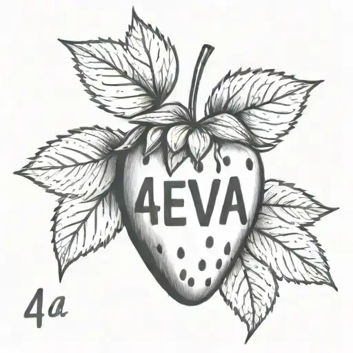 a strawberry with text overlaid that says '4eva' remove leaves tattoo design idea
