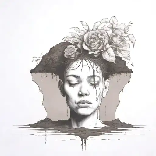 a head poking out of the soil of a muddy grave with soil on top of the head and flowers growing out of the top tattoo design idea