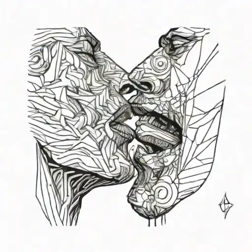 a man and a woman trying to kiss but there is a steak in their mouths blocking the kiss tattoo design idea