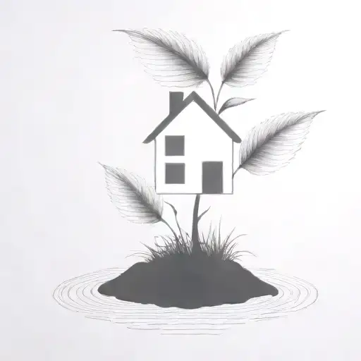 a seed growing out of the ground into a plant. but the plant is slowly becoming a house. in oval black frame tattoo design idea