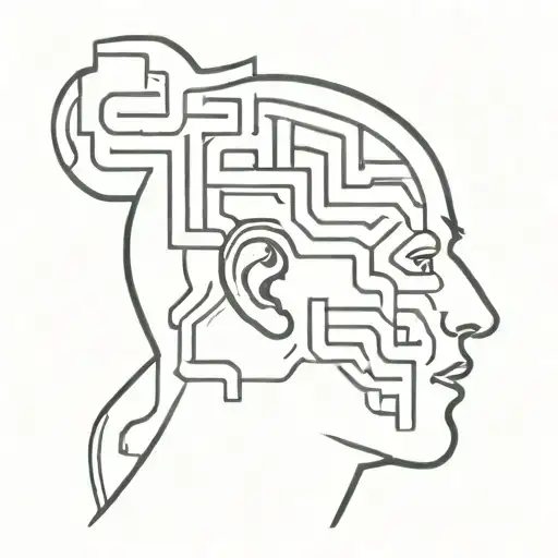 a drawing of a human head depicting the brain as an elaborate maze with minimalist lines offshooting from the brain tattoo design idea