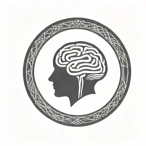 a brain inside a simple thick black line circular frame with geometric patterns shooting from it tattoo design idea