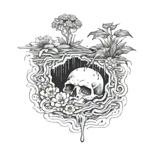 a head poking out of a grave, being covered in soil from above, with flowers growing out of the top tattoo design idea