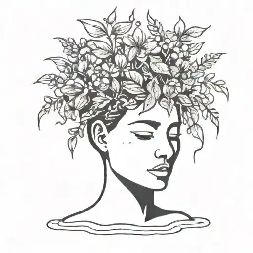 head poking out of a plant pot with soil on top of the head and flowers growing out of it. using thick black lines. tattoo design idea