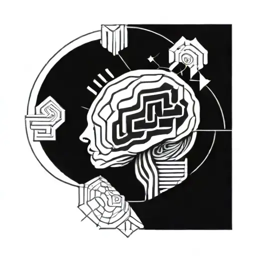 a brain inside a circular frame with geometric patterns shooting from it tattoo design idea