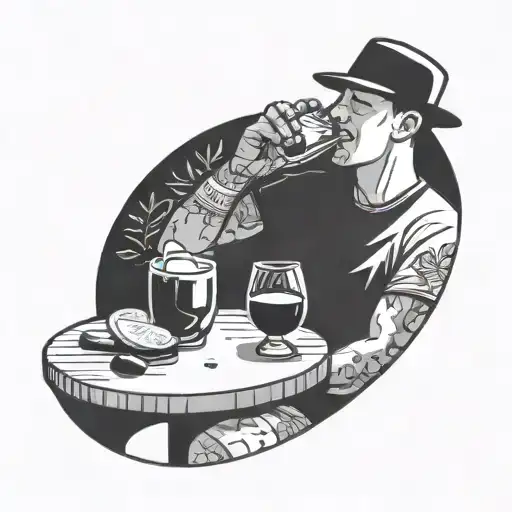 a very simple line illustration of a close up person drinking sangria in a park tattoo design idea