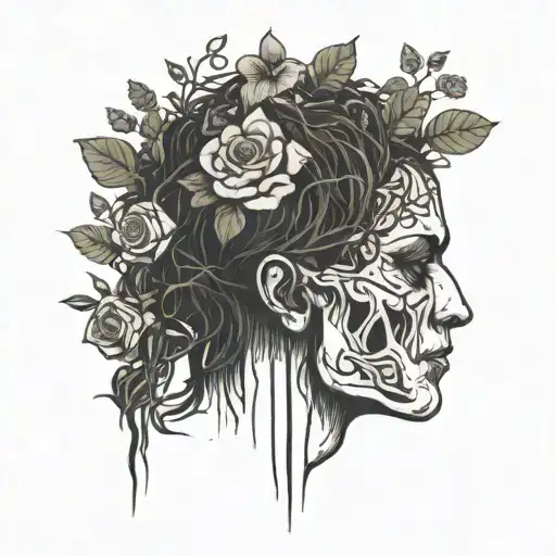 a head poking out of the soil of a muddy grave with soil on top of the head and flowers growing out of the top tattoo design idea