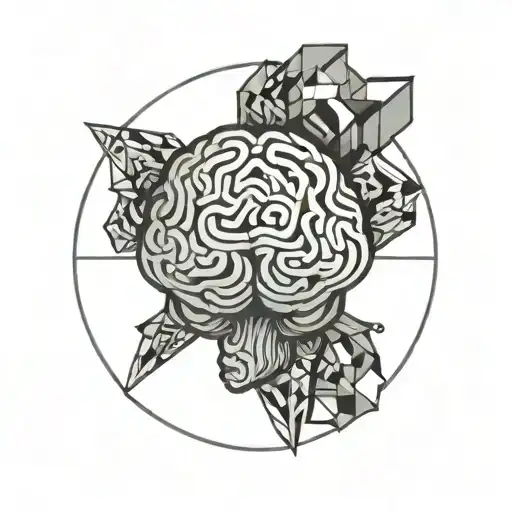 a brain inside a circular frame with geometric patterns shooting from it tattoo design idea
