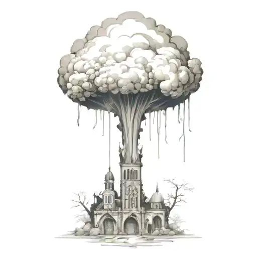 an abstract nuclear explosion mushroom cloud destorying a major city tattoo design idea