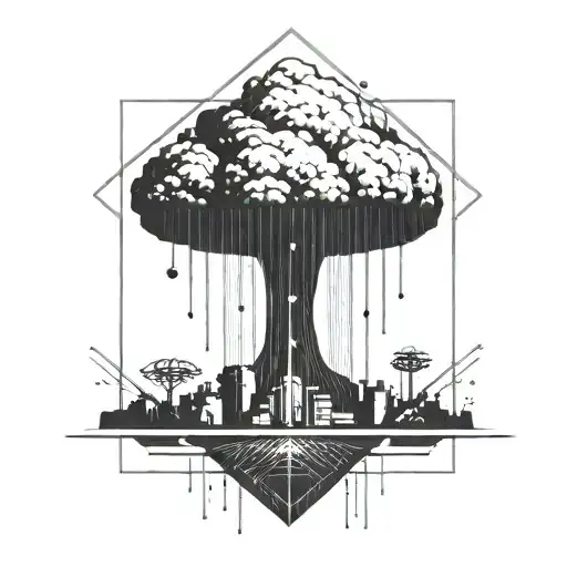 a nuclear explosion mushroom cloud contained within a perfect black square tattoo design idea
