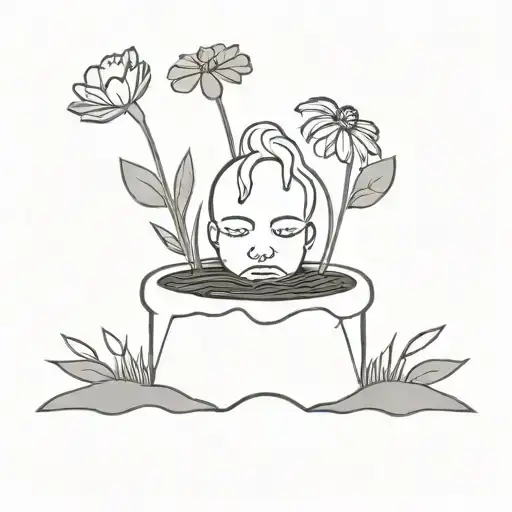a head poking out of the soil a muddy grave with flowers growing out of the top tattoo design idea