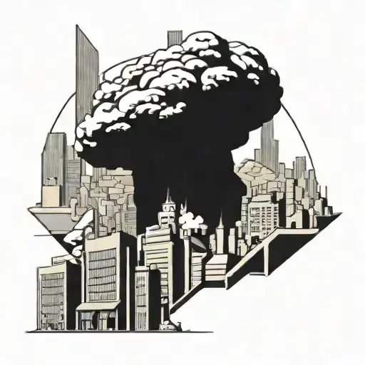 a nuclear explosion mushroom cloud destroying a city simple minimalist drawing tattoo design idea