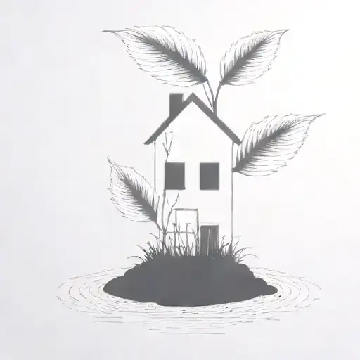 a seed growing out of the ground into a plant. but the plant is slowly becoming a house. dark black background tattoo design idea