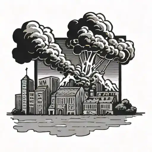 a nuclear explosion mushroom cloud destroying a city in a rectangular picture frame hanging on a wall tattoo design idea
