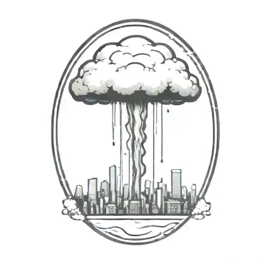 an abstract nuclear explosion mushroom cloud destroying a city in an abstract black line frame tattoo design idea