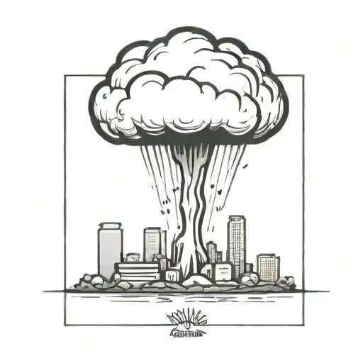 an abstract nuclear explosion mushroom cloud destroying a major city in an abstract black line frame tattoo design idea